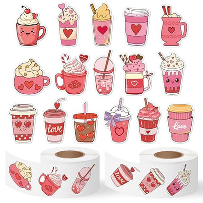 Haooryx Valentine's Day Latte Sticker - 1000 Pcs Romantic Pink Coffee Latte Heart Cream Letter Scrapbook Stickers 2 Roll Self-adhesive Waterproof Vinyl Decals Junk Jounal Valentine Gift Party Supplies - style: Romantic