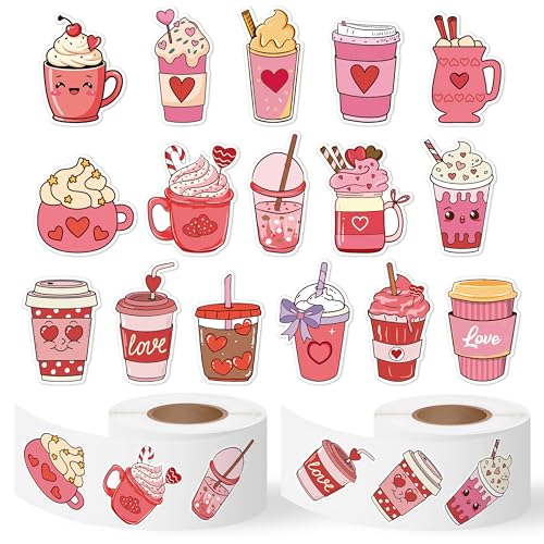 Haooryx Valentine's Day Latte Sticker - 1000 Pcs Romantic Pink Coffee Latte Heart Cream Letter Scrapbook Stickers 2 Roll Self-adhesive Waterproof Vinyl Decals Junk Jounal Valentine Gift Party Supplies - style: Romantic