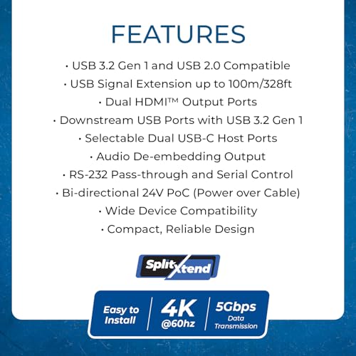 OREI USB Cat6 Extender, 2X Dual USB-C RS-232 Two-Way PoC Audio De-embedding | USB Extender Over Ethernet, USB Extender Over CAT5 – 5Gbps, Dual HDMI 4K60, Auto/Manual Host Switching, 3.5mm Audio - size: Upto 330 ft
