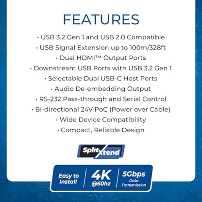 OREI USB Cat6 Extender, 2X Dual USB-C RS-232 Two-Way PoC Audio De-embedding | USB Extender Over Ethernet, USB Extender Over CAT5 – 5Gbps, Dual HDMI 4K60, Auto/Manual Host Switching, 3.5mm Audio - size: Upto 330 ft