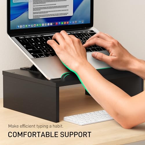 AFOOYO Adjustable Wood Laptop Stand with Storage Space - Notebook Organizer & Ergonomic Computer Riser, Wrist Rest Included, Compatible with 9.8-15'' Laptops (MacBook Air Pro/HP/Dell/Lenovo),Black - color: Black