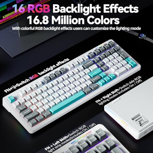 LINGBAO K98 96% Mechanical Creamy Wireless Gaming Keyboard With Number Pad | BT5.0/2.4G/USB-C, Gasket Custom Hot-Swappable Keyboard, 10000mAh Battery, RGB Backlit, Creamy Sound for Windows Mac PC Gamers - color: K98 | 10000mAh | White Blue Grey