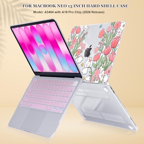 Compatible with MacBook Neo 13 inch Case 2026 Release A3404 Cover, Ultra-Thin Pattern Plastic Hard Shell Case Keyboard Cover Screen Protector Dust Plug, Flowers & Cute Rabbits - color: Flowers & Cute Rabbits