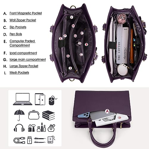 RAINSMORE Laptop Bag for Women 15.6 Inch PU Tote Bag Business Work Bag Waterproof Briefcase Computer Tote Lightweight Handbag Shoulder, Dark Purple - color: Dark Purple