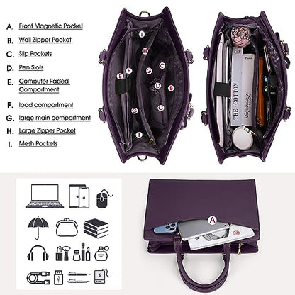 RAINSMORE Laptop Bag for Women 15.6 Inch PU Tote Bag Business Work Bag Waterproof Briefcase Computer Tote Lightweight Handbag Shoulder, Dark Purple - color: Dark Purple
