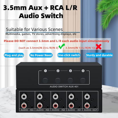 3.5mm Aux + RCA L/R Bi-Directional Stereo Audio Switch 4 in 1 Out A/B Analog Audio Switcher Selector No Power Need - color: Dark Black