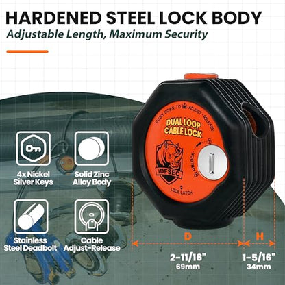 Heavy Duty Adjustable Cable Lock with 4 Keys | 5' x 1/2" Weatherproof Dual Cinch Security Cable for Bikes, Scooters, ATVs, Generators, Ladders, Tools & Outdoor Gear - size: 5' x 1/2" Diameter
