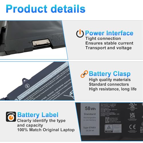 58Wh 07KRV Laptop Battery Replacement for Dell Latitude 5430 5530 5530 7330 7430 7530 Precision 3570 P104F P104F005 P137G P137G004 Series H4PVC 0H4PVC 4FVJG O7KRV 08WRCR 078FWY Y86WG 0Y86WG 15.2V - size: 11.02*4.33*0.29inch 07KRV