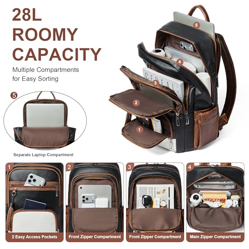 Shrrie 17 Inch Laptop Backpack for Women,Vegan Leather Backpack Purse,28L Work Business College Travel Computer Backpacks with Giant Tumbler Holder & USB Charger,Black and Beige with Caramel Brown - color: Black and Beige With Caramel Brown