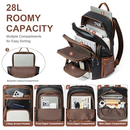 Shrrie 17 Inch Laptop Backpack for Women,Vegan Leather Backpack Purse,28L Work Business College Travel Computer Backpacks with Giant Tumbler Holder & USB Charger,Black and Beige with Caramel Brown - color: Black and Beige With Caramel Brown