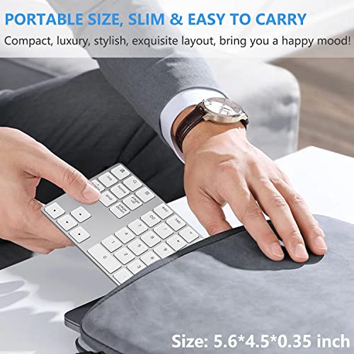 Lekvey Bluetooth Number Pad, Aluminum Rechargeable Wireless Numeric Keypad | Slim 34-Keys, External Numpad Keyboard, Data Entry for Laptop, MacBook, MacBook Air/Pro, iMac, Windows, Surface Pro - Silver - color: White and Silver