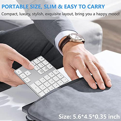 Lekvey Bluetooth Number Pad, Aluminum Rechargeable Wireless Numeric Keypad | Slim 34-Keys, External Numpad Keyboard, Data Entry for Laptop, MacBook, MacBook Air/Pro, iMac, Windows, Surface Pro - Silver - color: White and Silver