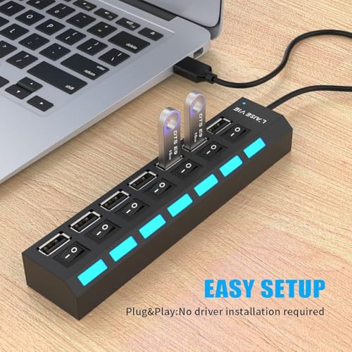 1-Pcs 7-Port USB Hub 3.0,USB Hub Splitter with Individual On/Off Switches and Lights Compatible with Laptop,PC,Flash Drive,Mobile HDD