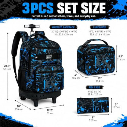 3Pcs Rolling Backpack for Boys, Men Roller Bag with Wheels for Adults, 19 Inche Graffiti Wheeled Bookbag with Lunch Box(Blue) - color: Graffiti Blue
