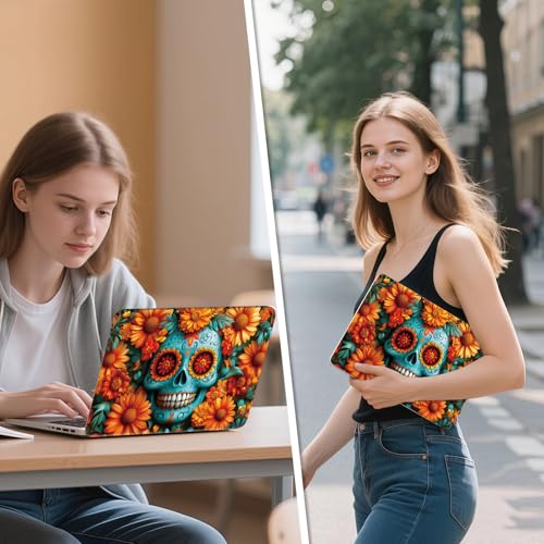 Universal Laptop Skin Sticker Decal, 12"-15.6" Aesthetic Vinyl Wrap, Teal Sugar Skull Flowers Waterproof Notebook Cover Art Protector for MacBook HP Dell Lenovo, Fits 13" 14" 15" 15.6" - color: Teal Sugar Skull Flowers
