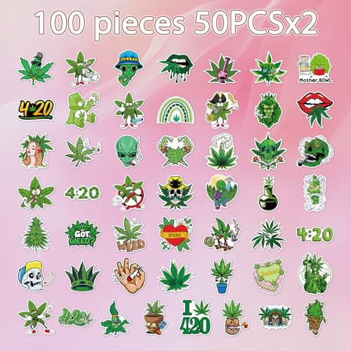 Weed Plant Stickers for Adults - 100 Pcs Green Leaves Trippy Water Bottle Stickers, 420 Waterproof Vinyl Scrapbook Decals for Laptop Journaling - style: Weed Plant