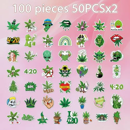 Weed Plant Stickers for Adults - 100 Pcs Green Leaves Trippy Water Bottle Stickers, 420 Waterproof Vinyl Scrapbook Decals for Laptop Journaling - style: Weed Plant