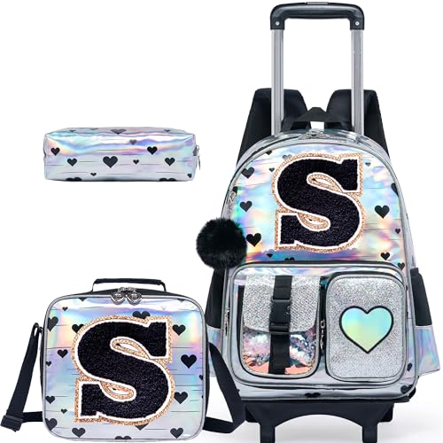 HTgroce Cute Rolling Backpack with Wheel,School Backpack for Kids Girl Roller Schoolbag Wheeled Backpacks Set Carry-on Luggage,Initial S - color: Silver, style: S
