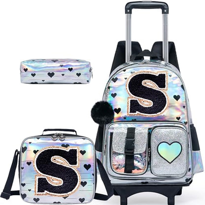 HTgroce Cute Rolling Backpack with Wheel,School Backpack for Kids Girl Roller Schoolbag Wheeled Backpacks Set Carry-on Luggage,Initial S - color: Silver, style: S