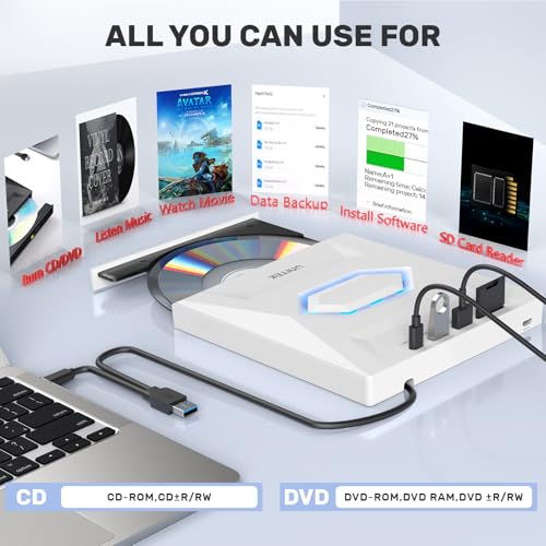 Unitek External CD/DVD Drive USB C Portable DVD Player with SD Card Slots 3 USB Ports CD ROM Burner External Disk Drive Optical Compatible with Laptop Desktop Mac Windows 11/10/8/7 Linux - color: 5-IN-1 WHITE