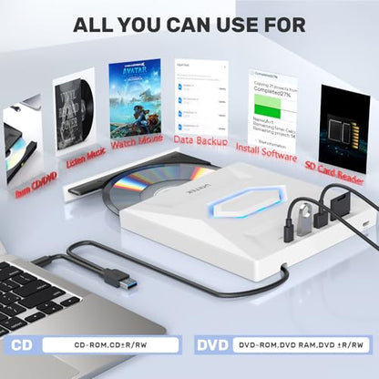 Unitek External CD/DVD Drive USB C Portable DVD Player with SD Card Slots 3 USB Ports CD ROM Burner External Disk Drive Optical Compatible with Laptop Desktop Mac Windows 11/10/8/7 Linux - color: 5-IN-1 WHITE