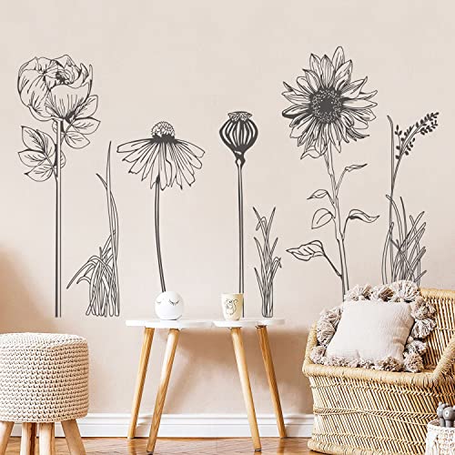 Black Simple Flower Plant Wall Decals, 2 Sheets Large Boho Floral Modern Wall Stickers Peel Stick Sketch Wildflower Wallpaper Art Decor for Bedroom Living Room Office Gifts for Mom(11.8x35.4 in/Sheet) - style: Black Simple Flower Set