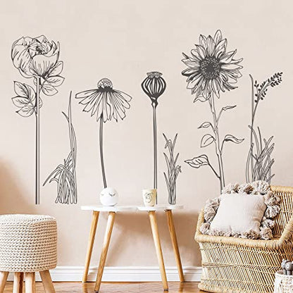 Black Simple Flower Plant Wall Decals, 2 Sheets Large Boho Floral Modern Wall Stickers Peel Stick Sketch Wildflower Wallpaper Art Decor for Bedroom Living Room Office Gifts for Mom(11.8x35.4 in/Sheet) - style: Black Simple Flower Set