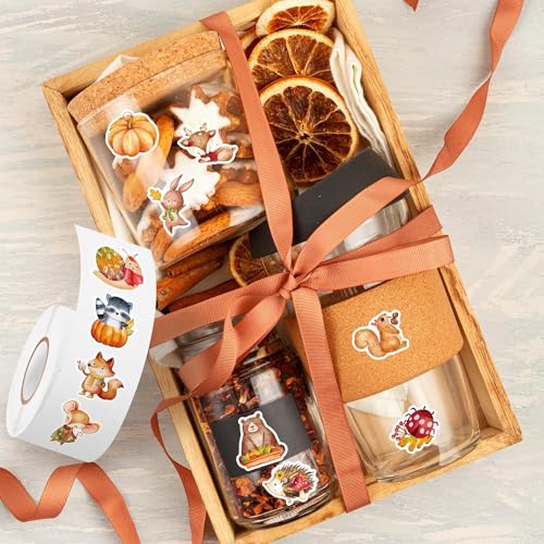 Haooryx Fall Animal Sticker Rolls - 1000Pcs Autumn Watercolor Forest Animal Stickers Self-Adhesive Vinyl Waterproof Thanksgiving Birthday Party Supplies Favor Gift Page Activity Pad Junk Journal Lover - style: Fall-Theme Animal 2Roll