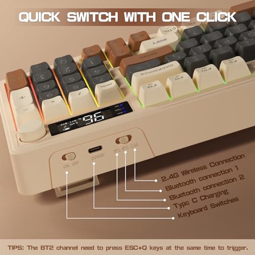 LexonElec M96 Wireless Gaming Keyboard,Knob Control Bluetooth/2.4G Wireless Mechanical Feeling Keyboard,RGB LED Backlit with Display Screen, PBT Keycap, 3000mAh, 94-Key Layout for Win/Mac(Coffee) - color: Coffee