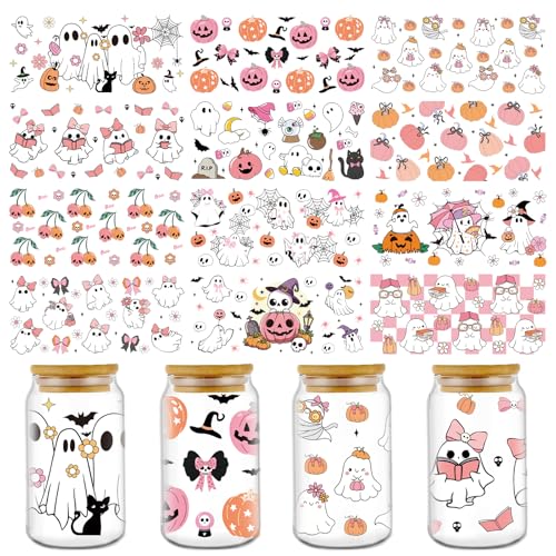 Rngmsi UV DTF Cup Wraps - 12 Sheets Halloween UV DTF Cup Wraps for 16 oz Glass, Cute Ghost Pumpkin Skull Bat Cobweb Cat Rub on Transfer Stickers, Uvdtf Decals for Mug Water Bottles, DIY Crafts - style: Halloween Ghost