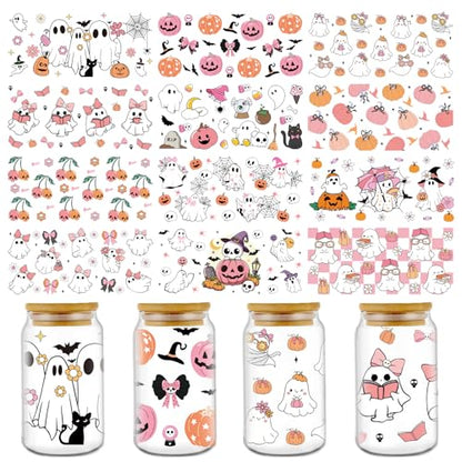 Rngmsi UV DTF Cup Wraps - 12 Sheets Halloween UV DTF Cup Wraps for 16 oz Glass, Cute Ghost Pumpkin Skull Bat Cobweb Cat Rub on Transfer Stickers, Uvdtf Decals for Mug Water Bottles, DIY Crafts - style: Halloween Ghost