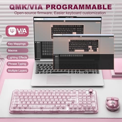 YUNZII X98 QMK/VIA Wireless Mechanical Gaming Keyboard with Knob,Tri-Mode BT5.0/USB-C/2.4GHz Hot Swappable Keyboard,Pre-lubed Switches Gasket Mount RGB Backlit for Wins/Mac (Pink, Snow Switch) - color: Pink, size: Snow Switch
