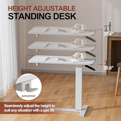 Mobile Standing Desk Portable Pneumatic Laptop Rolling Cart Adjustable Height, 26"-37" Tiltable Overbed Table Sit Stand Computer Workstations for Home Office w/Wheels Flat Desk 32", White - size: 26“-37”