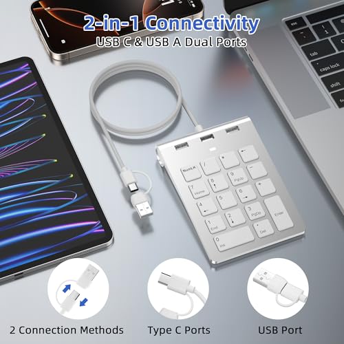 Wired Numeric Keypad with USB-C & USB-A – 18 Keys Number Pad, Built-in 3-Port USB 2.0 Hub, 15° Ergonomic Numpad for Laptop, Desktop, Surface, iPad – Plug & Play for Windows, macOS, Chrome OS