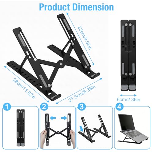Marte Vanci Laptop Stand for Desk, Portable Computer Riser with 10 Adjustable Levels, Foldable Notebook Holder Ergonomic Ventilated Cooling ABS Computer Stand for Laptops Tablets Black - color: Black