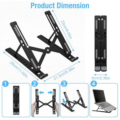 Marte Vanci Laptop Stand for Desk, Portable Computer Riser with 10 Adjustable Levels, Foldable Notebook Holder Ergonomic Ventilated Cooling ABS Computer Stand for Laptops Tablets Black - color: Black
