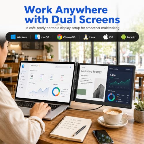 Laptop Screen Extender, 1.87lbs Ultra-Portable & Ultra Slim Portable Monitor, 14" FHD 1080P Dual External Monitor for 13"-17" Laptop, Plug & Play Travel Monitor Compatible with Wins/Mac/Chrome/Android