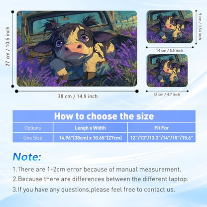 Universal Laptop Skin Sticker Decal with 2 Wrist Pad Skins, Waterproof Scratch Vinyl Cover for 11–15.6 Inch MacBook, HP, Dell, Lenovo, Cutable & Reusable,Cute Cow in Lavender - color: Cute Cow in Lavender