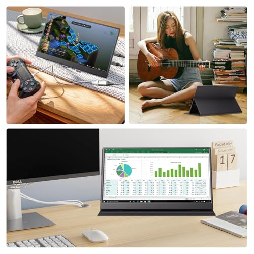 15.6inch Portable Monitor 1080P FHD IPS Gaming Display Monitor with USB-C & HDMI Light Weight Ultra-Slim External Second Screen with Smart Cover & Speakers for Laptop，PC, Mac, Phone, PS5, Switch - size: 15.6" Cover