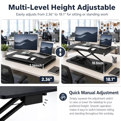 Height Adjustable Standing Desk Converter, 25.16" x 15.75", Black | Ready to Use Desk Riser for Laptop and Monitor, Sit Stand Workstation for Office, Bedroom and Living Room