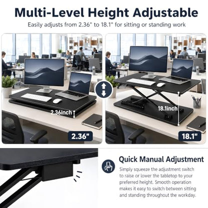Height Adjustable Standing Desk Converter, 25.16" x 15.75", Black | Ready to Use Desk Riser for Laptop and Monitor, Sit Stand Workstation for Office, Bedroom and Living Room