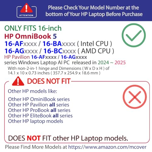 mCover Case ONLY Compatible for 16” 2024+ HP OmniBook 5 16-AF / 16-AG / 16-BAxxxx / 16-BCxxxx and Pavilion 16-AF / 16-AG0000 Series Windows AI Notebook PC (NOT Fitting Other HP Models)- Black - color: Black