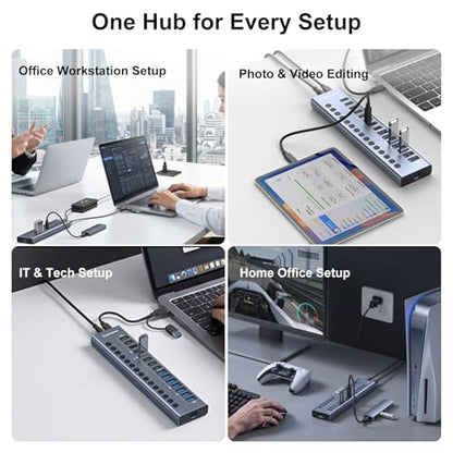 Powered USB 3.2 Hub, 16 Ports Powered USB Hub with 10Gbps Data Speed, USB Hub (8 USB-A 3.2 Ports+8 USB-C 3.2 Ports) with 96W Power Adapter for PC/Laptop, Computer, Flash Drive, Printer, Camera