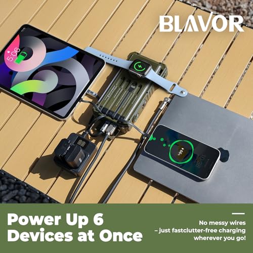 BLAVOR Solar Power Bank 20000mAh Built-in Cables, Wireless Charger for Phones & Apple Watch, 20W Fast Charging Battery Pack with USB C, Flashlight, Solar Charger for iPhone, iPad, iWatch, Samsung - color: Green