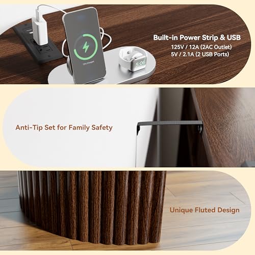 55" Fluted Console Table with 2 Drawers & LED Lights,Entryway Tables with Charging Station,Narrow Sofa Table Behind Couch,Mid-Century Modern Foyer Table for Entryway, Hallway, Living Room(Walnut) - color: Walnut