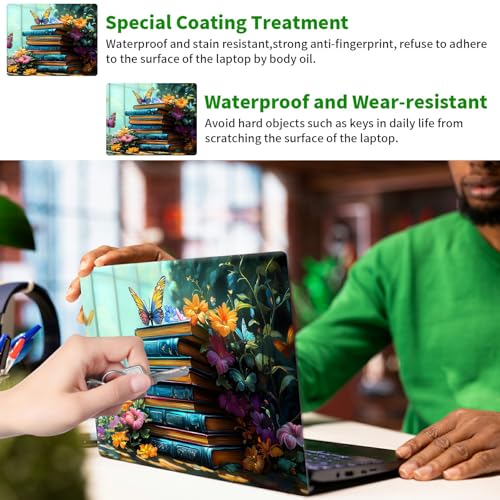 Laptop Skin Sticker Decal, Universal Protective Cover Fit 12 13 14 15.6 Inch Notebook, Reusable Water-Resistant Vinyl Decal w/ 2 Wrist Pads for Business Travel Office, Book Butterfly Flowers - color: Book Butterfly Flowers