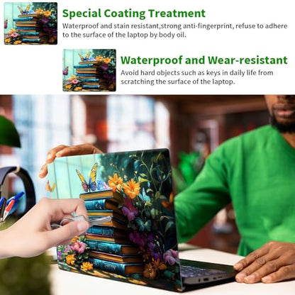 Laptop Skin Sticker Decal, Universal Protective Cover Fit 12 13 14 15.6 Inch Notebook, Reusable Water-Resistant Vinyl Decal w/ 2 Wrist Pads for Business Travel Office, Book Butterfly Flowers - color: Book Butterfly Flowers