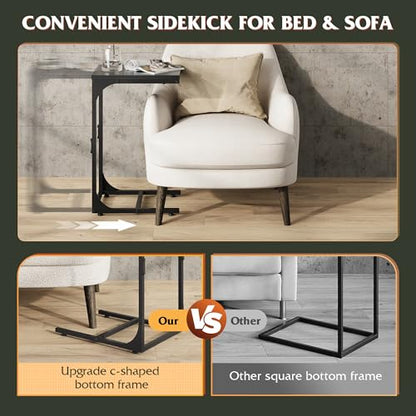 WLIVE C Shaped End Table, Small Couch Side Tables with Metal Frame, Sofa Table TV Tray for Living Room, Bedroom, Relief Black - color: Relief Black