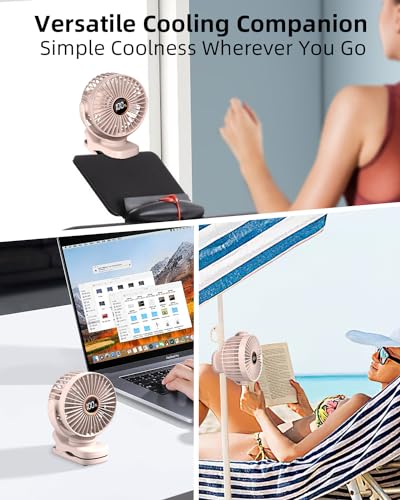 buywoo Portable Mini Personal Fan, Small Rechargeable Battery Powered Stroller Fan for Desk, Strong Clamp Grip, 360° Rotation, 3-Speed, LED Display, Clip On Cooler for Bed, Golf Cart, Office, Pink - color: Pink