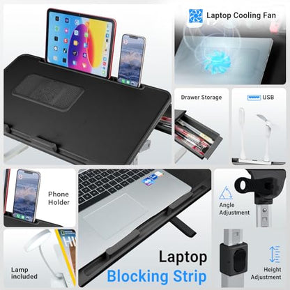 Adjustable Laptop Lap Desk with Cooling Fan USB Light for Adults 56 * 32cm,Black - color: Black+holder,56-32cm
